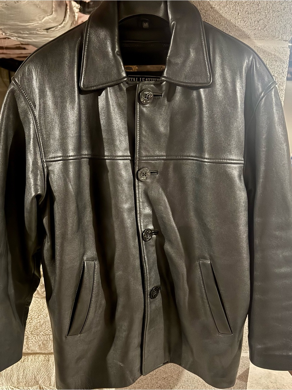 Men's Black Leather Button-Front Pea Coat